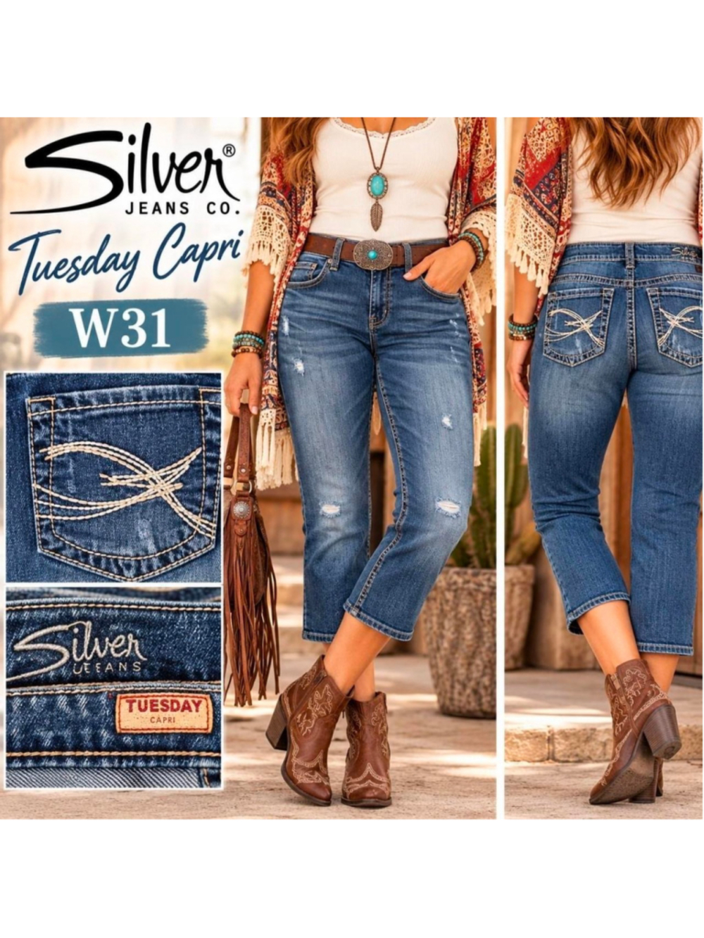 Silver jeans Tuesday Capri Distressed Cropped Jeans W31